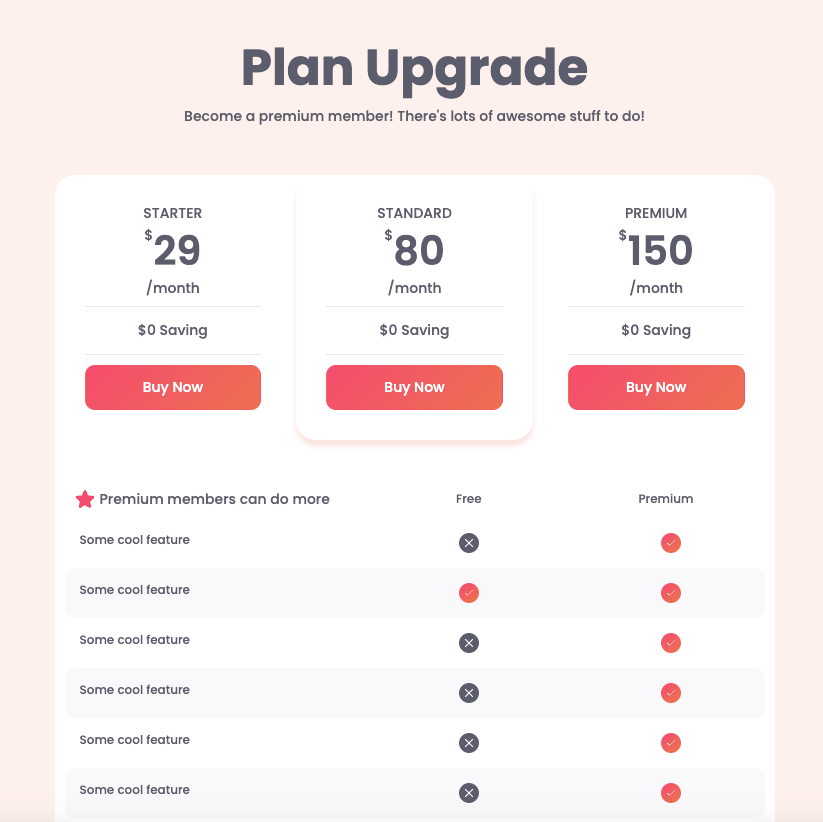 Preview of Plan Upgrade Table