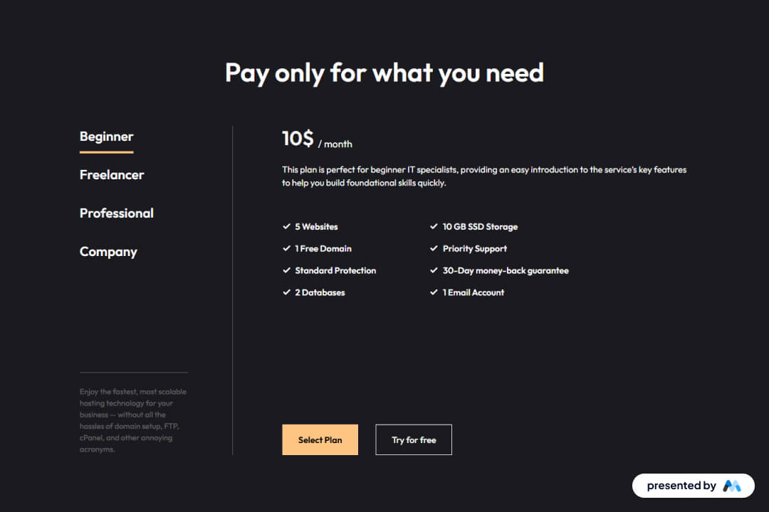 Preview of Pricing Plan Selector