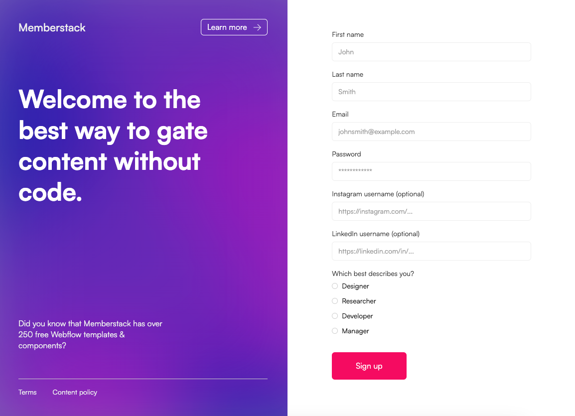 Preview of Complex Sign Up Form