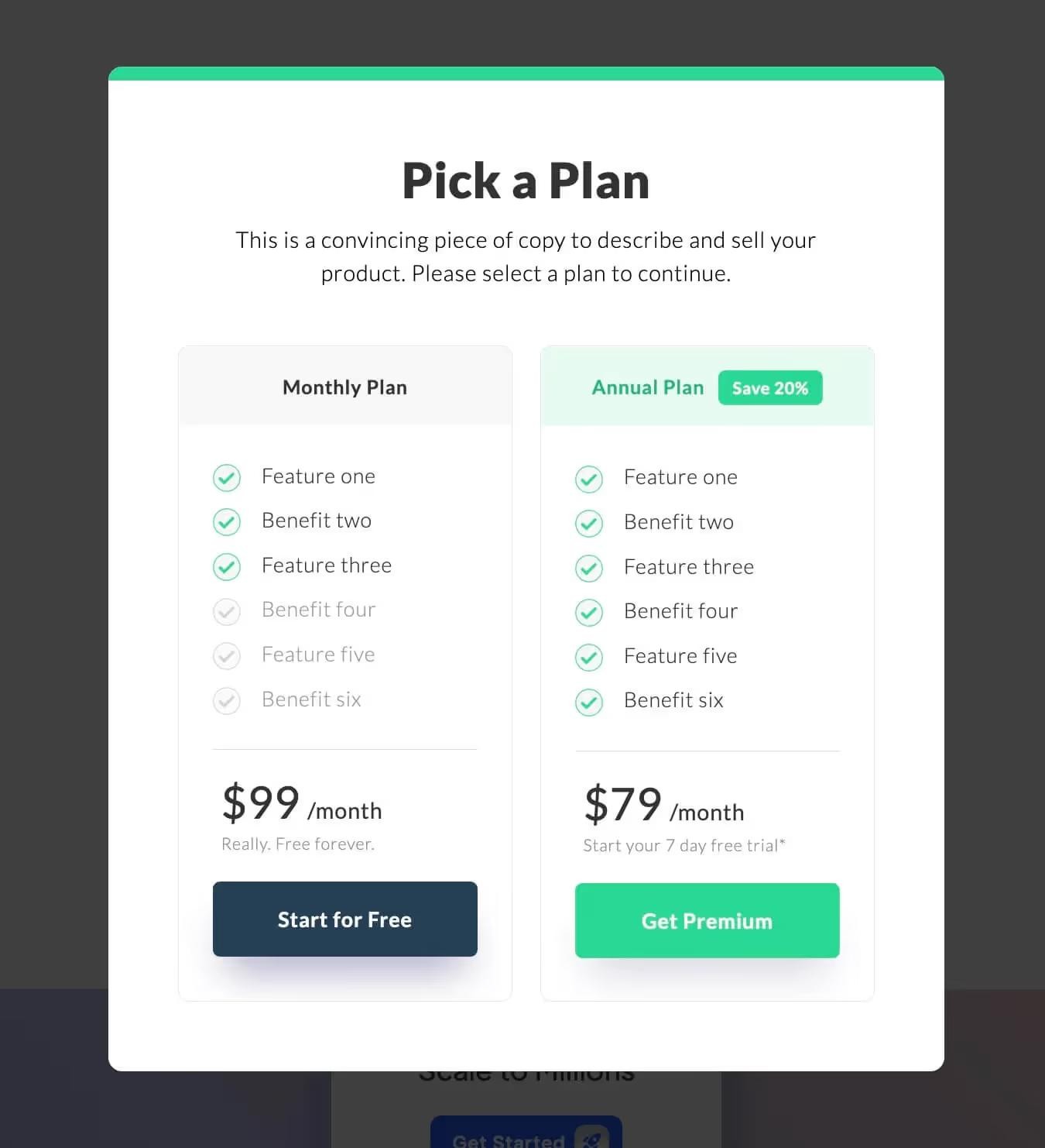 Preview of Pricing Upgrade Modal
