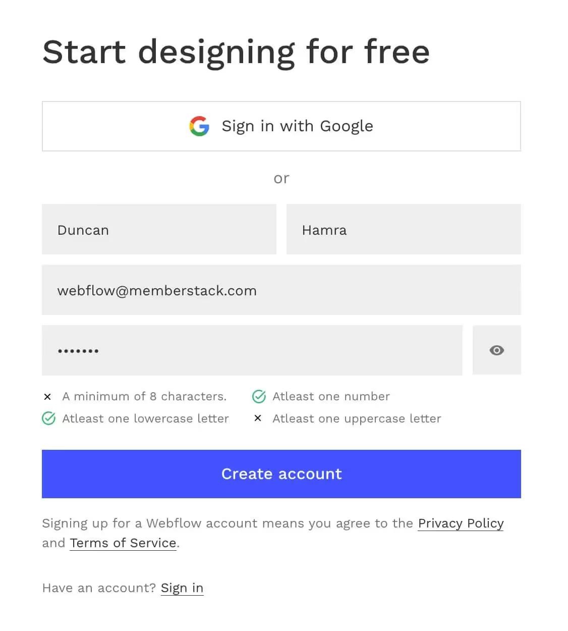 Preview of Webflow Sign Up Clone