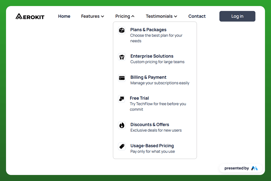 Preview of Aerokit Ui Navbar02 Dropdown