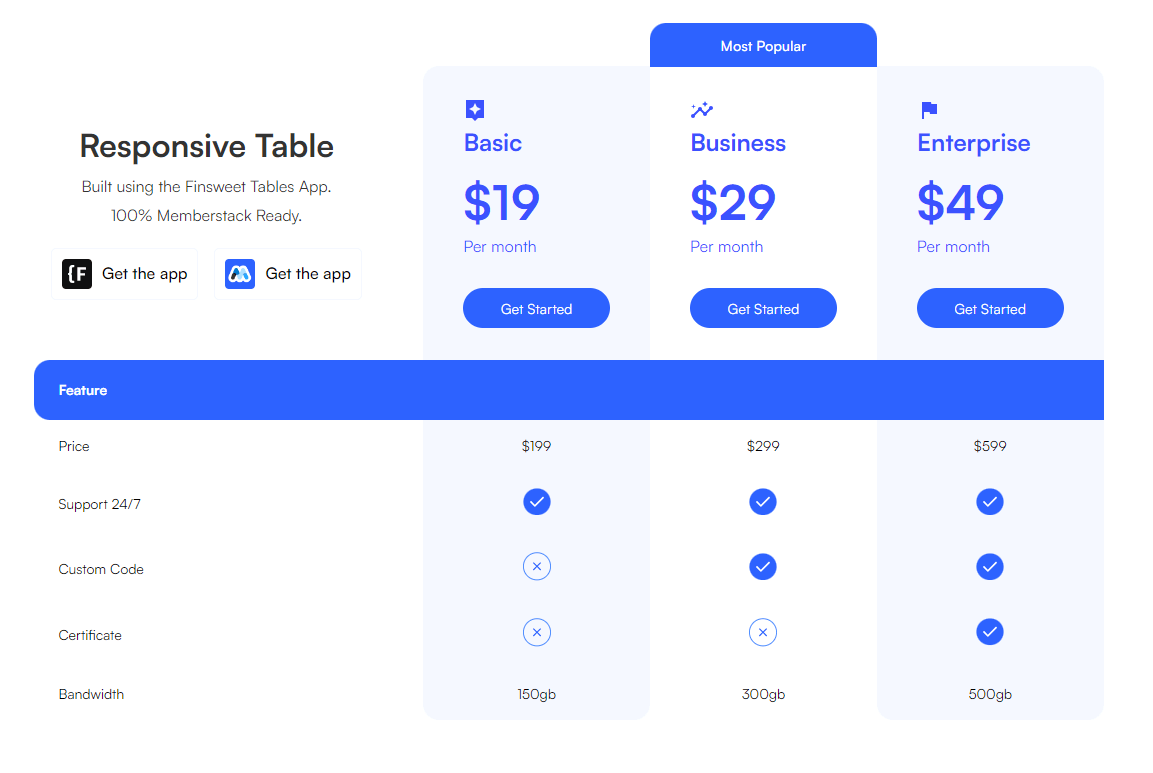 Preview of Responsive Finsweet Pricing Table