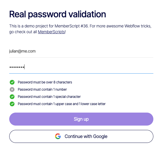 Preview of Sign Up With Password Validation